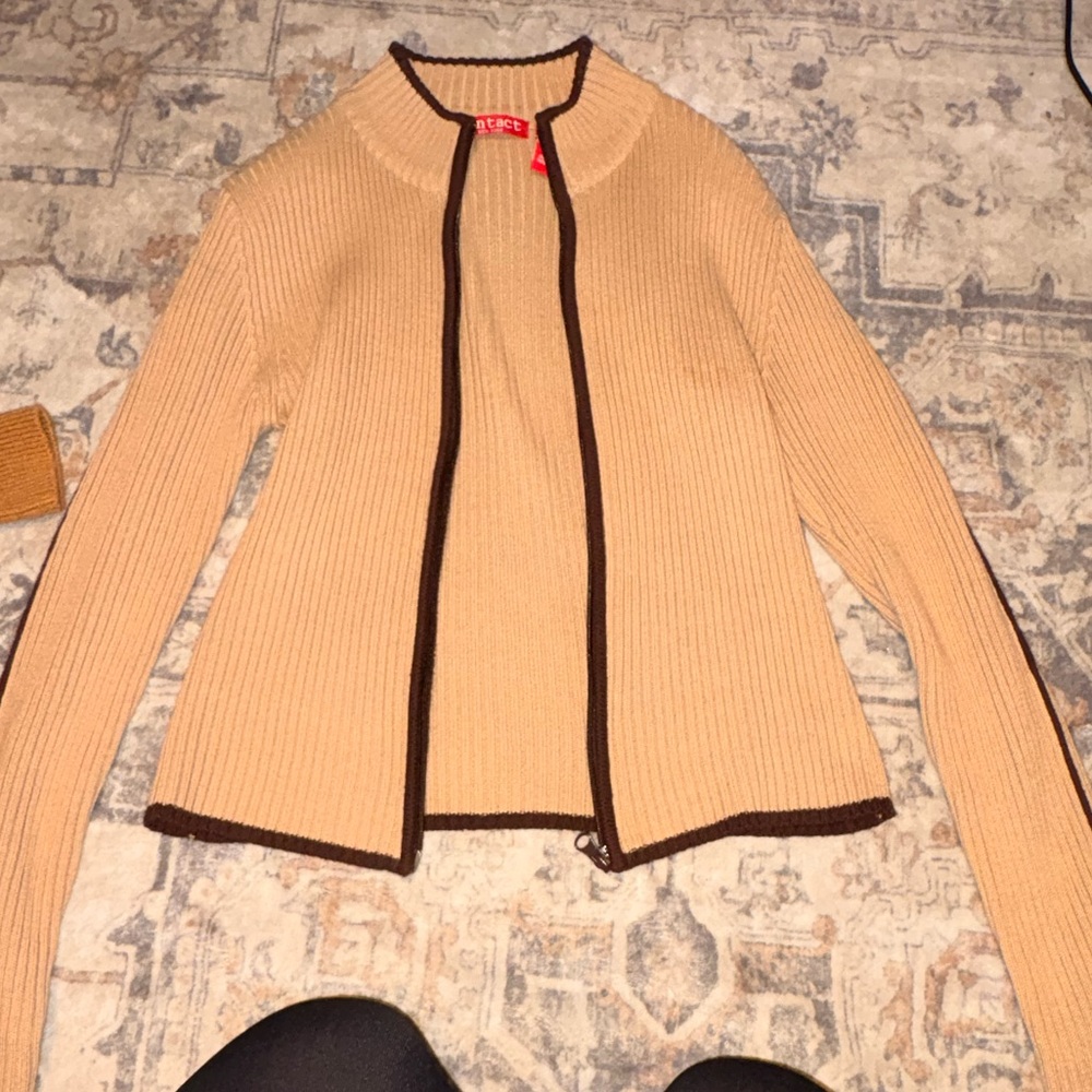 Tan Ribbed Sweater with Brown Trim